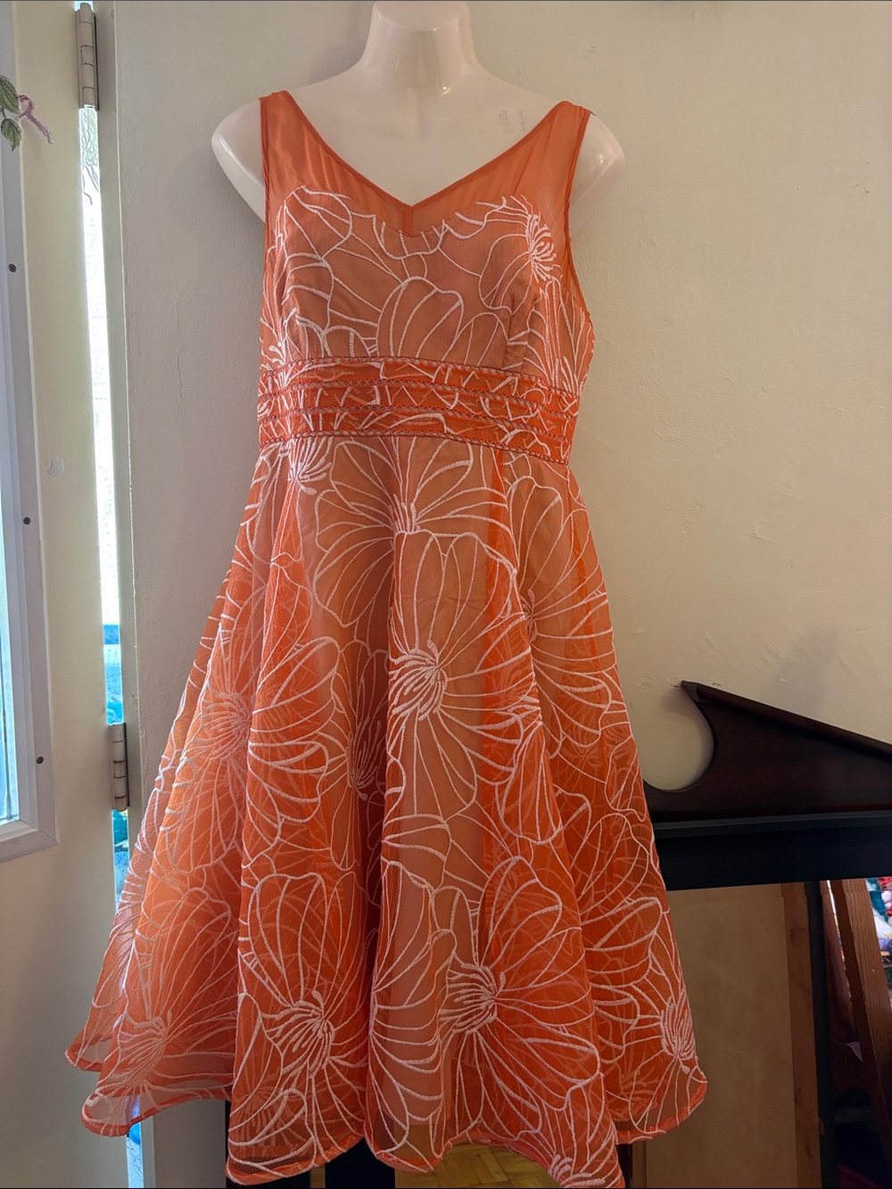 Moulinette Soeurs Orange Midi Dress with White Floral Embroidery